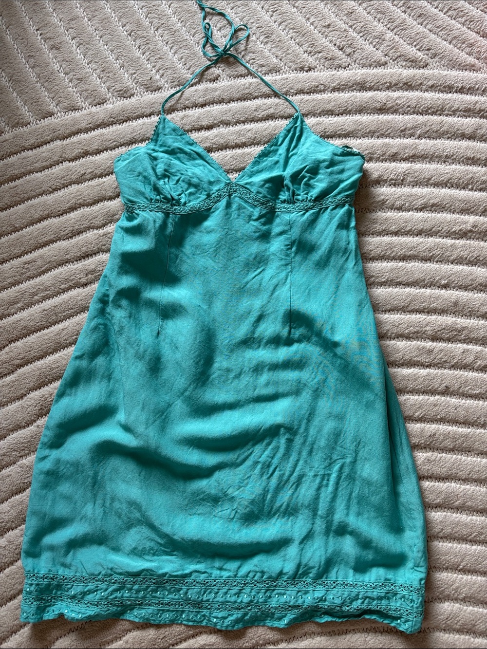 Linen Turquoise Halter Slip Dress with lace details | Y2K